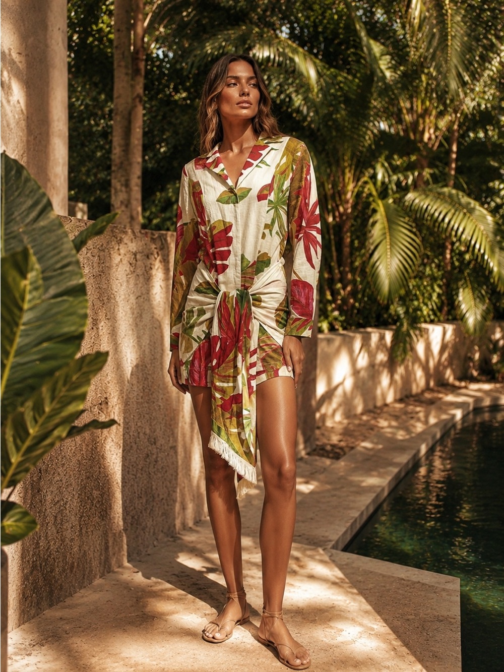 Farm Rio Tropical Fringe Linen Wrap Mini Dress | Neutral Botanical Print